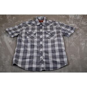 Attrak Jeans Shirt Mens Large Blue Gray Plaid Western Pearl Snap Short Sleeve